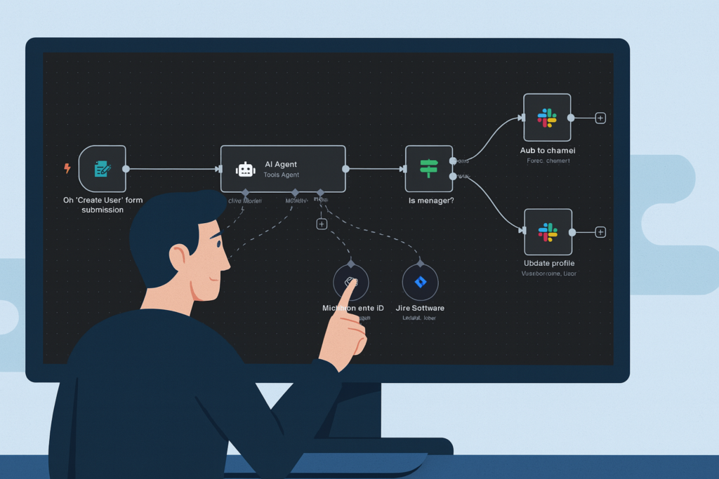 Ilustración digital de un hombre señalando una pantalla de computadora que muestra un flujo de automatización con IA, integraciones como Slack, Jira y Microsoft Entra ID, en estilo plano sobre fondo azul.